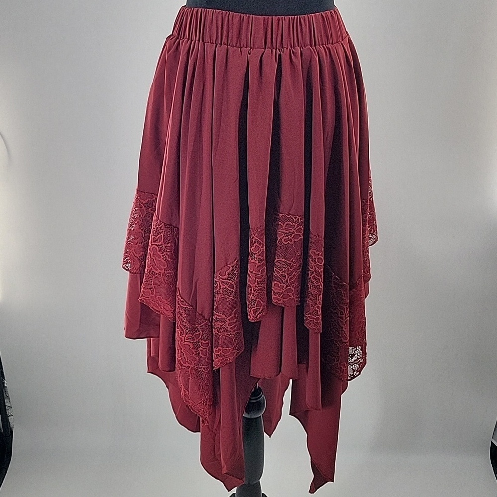 Burgundy Asymmetrical Hi Low Skirt With Lace Detail - Picture 15 of 16